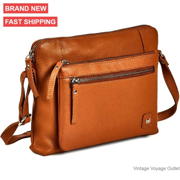 Handbags - Small Genuine Leather Crossbody Bag Triple Zip Pockets Adjustable Strap